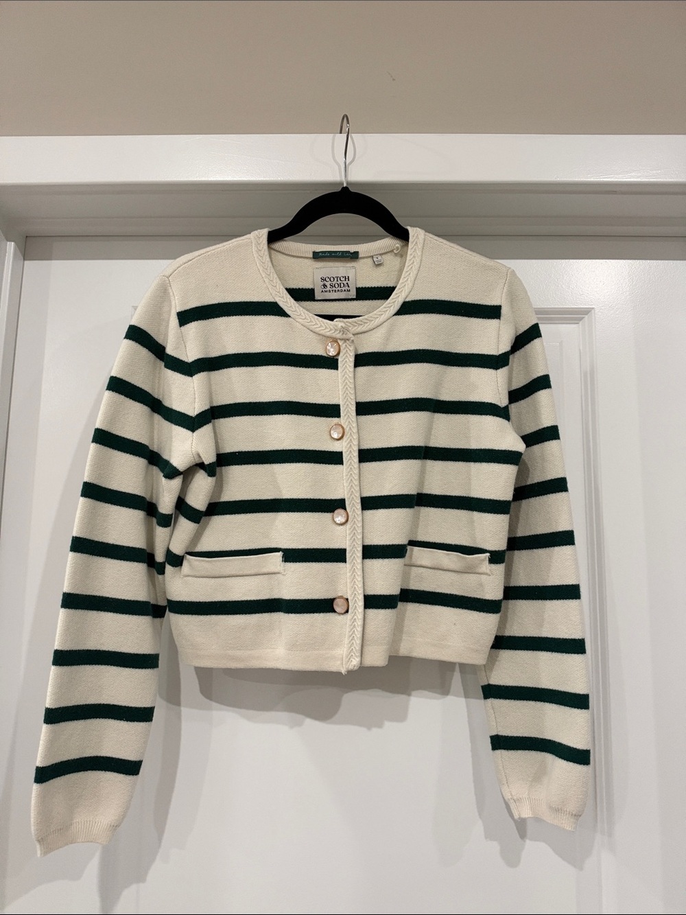 Scotch & Soda Cream & Dark Green Striped Cropped Cardigan